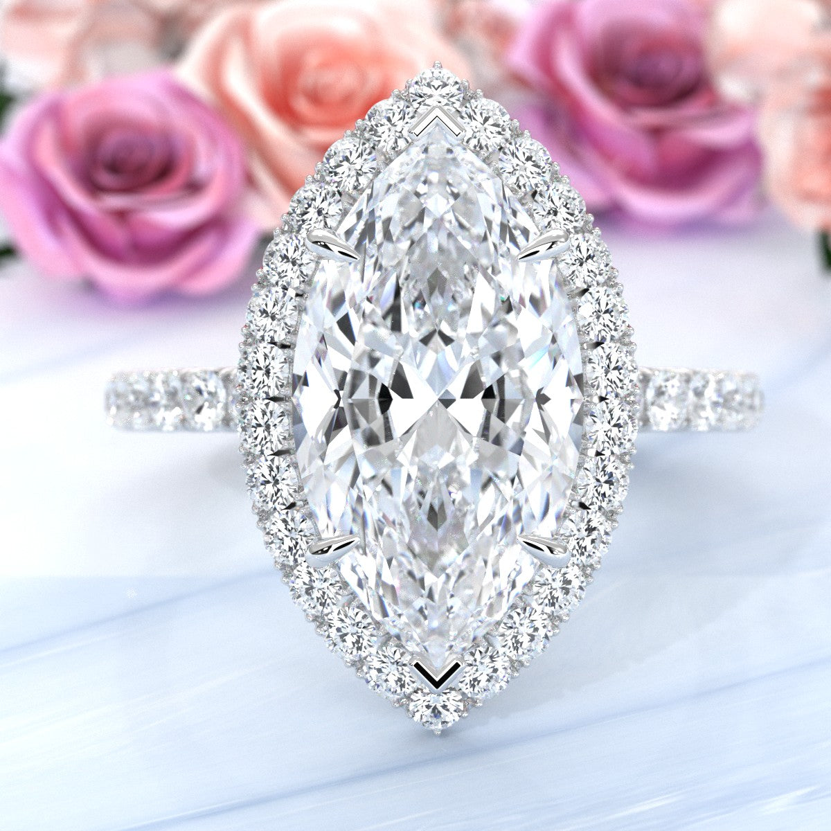 French Pave Set Halo Lab Grown Diamond Engagement Ring 2.59 Ctw.